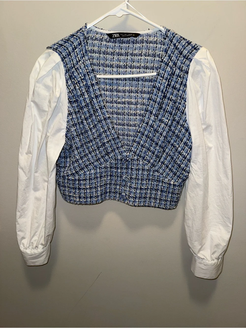 Zara Blue Tweed Crop Vest with White Puff Sleeves